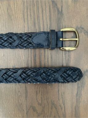 Vintage Talbots Braided Leather Belt Solid Brass Square Buckle Gloss Navy Large
